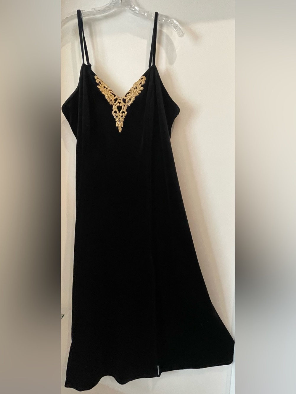 Solange Satin Black Velvet V-neck Gown w/Gold Appliqué and Adjustable Straps